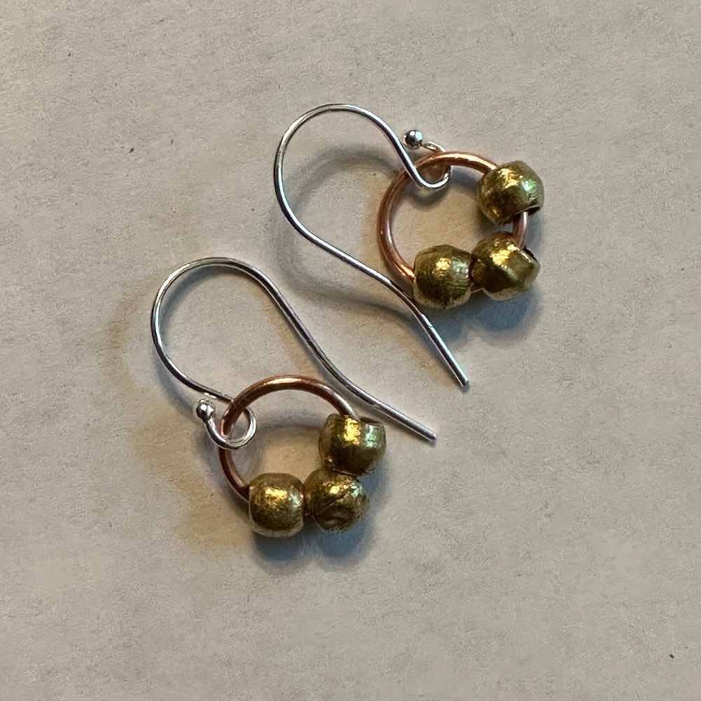 ARTISAN 3 Little Brass Beads Sterling Silver and Copper Boho Earrings